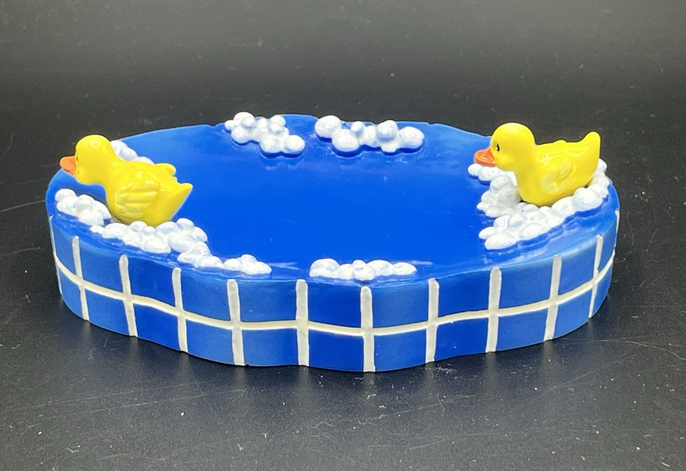 Vintage 3D Ceramic Yellow Rubber Duck Blue Bath Soap Dish Trinket Tray Novelty